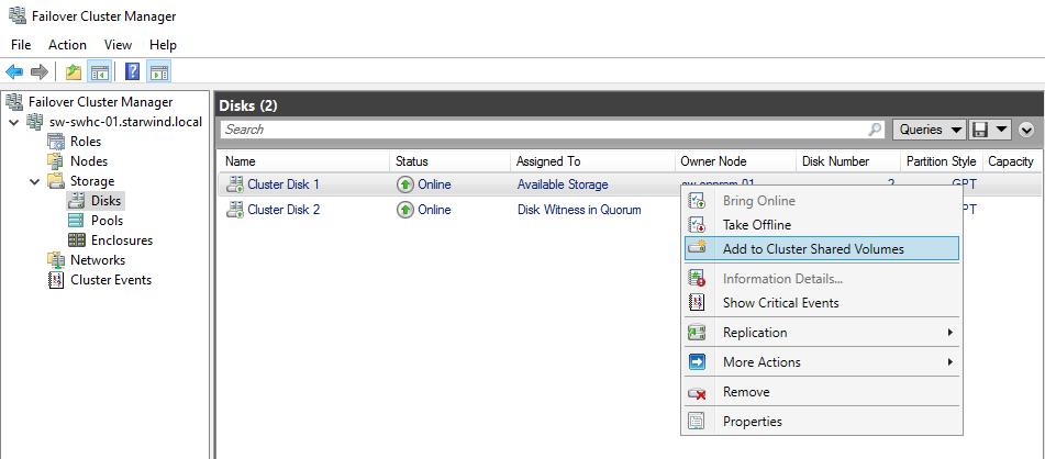 Right-click the required disk and select Add to Cluster Shared Volumes.