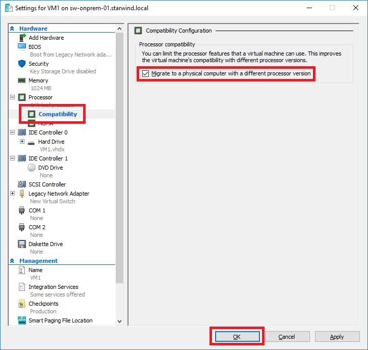 Open VM settings to enable Live Migration between nodes with