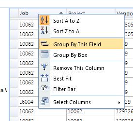 This example creates a view grouping invoices by Job #, sorting by Vendor Name within job and removing some columns. This creates a nice, grouped appearance.