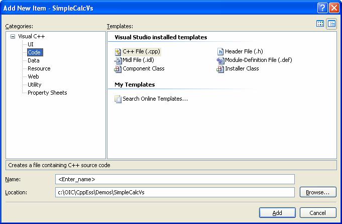 CppEss Chapter 1 Adding a C++ File At this point, you will have an empty C++ project. We are now going to add a file, SimpleCalc.cpp, which contains the text of our program. 1. In Solution Explorer, right click over SimpleCalcVs and choose Add New Item.
