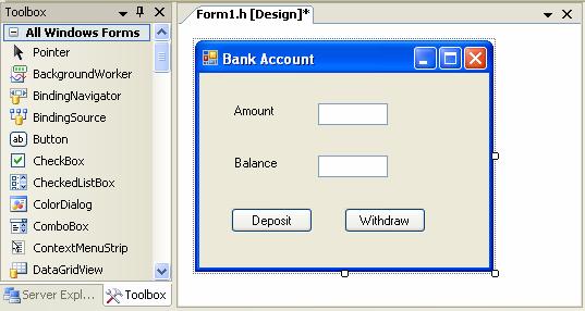 CppEss Chapter 6 Windows Forms Demo (Cont d) 3. From the toolbox, drag two labels, two textboxes, and two buttons to the form. Use the resizing handles to resize the form. 4.