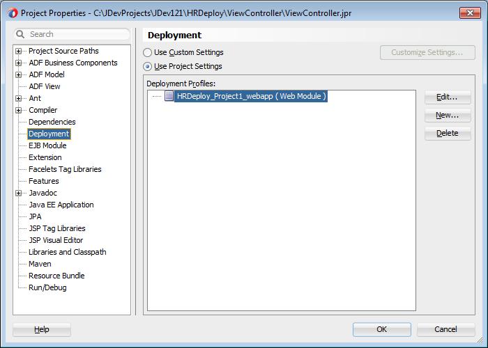 Figure 5. Deployment node in the Project Properties dialog 4. Select the WAR Options node. This page provides more properties for the WAR file (including a repeat of the field for the WAR file name).
