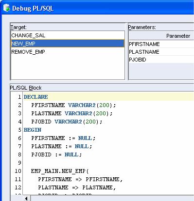 Run and Debug PL/SQL Run Procedures, Functions, and Packages DBMS_OUTPUT Function return values OUT parameters Run PL/SQL dialog Specify run target Shows parameter information