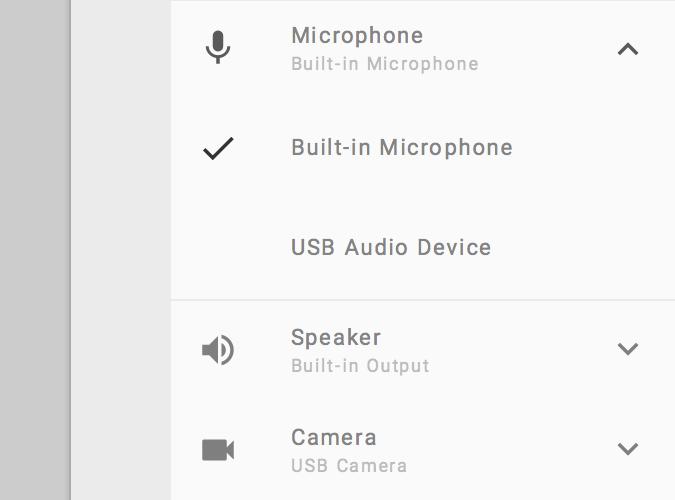 Selecting camera, microphone and speaker To select either camera, microphone, or speaker, click on the settings icon in the sidebar. You will find a dropdown list for each in the devices section.