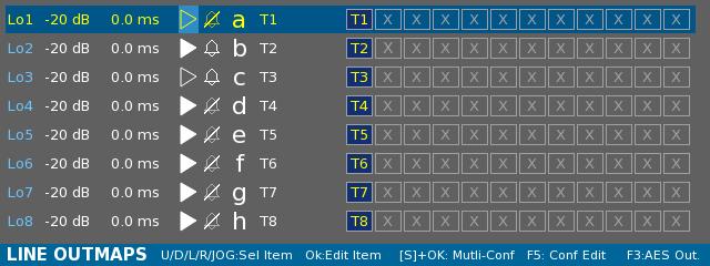 LINE OUTPUTS has 8 Line outputs. I. Outmaps You can configure up to 26 Outmaps (from 'a' to 'z') each applicable to one or several outputs. NB: Line and AES Outmaps are shared.