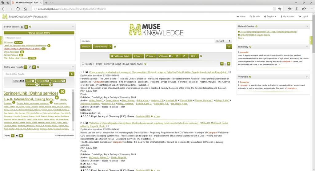 MUSEKNOWLEDGE HYBRID SEARCH DEMONSTRATION Search: MuseSearch Application with Muse Central Index Source Packages Individual Source Packages for