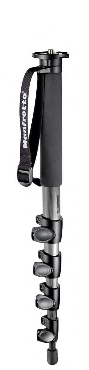 rapid action extension locks, a wrist strap and a camera platform wit dual 1/4 and 3/8 camera fixing screw Section diameters in mm: 29.2, 24.8, 20.4, 16.