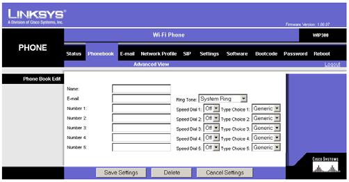 Phonebook Wireless-G IP Phone The Phonebook can store and display up to 200 contacts. Use this option to add, edit or delete a contact. 1. Click on the Phonebook tab. To add a contact, click New.