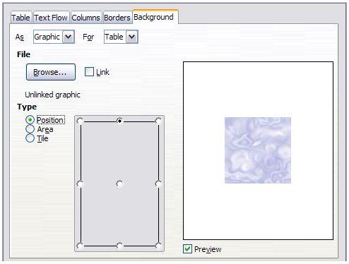 Figure 7: Table Format dialog: inserting a graphic background b) You can use the Link option to link the graphic file.