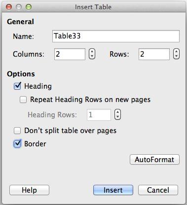 Figure 1: Inserting a new table using the Insert Table dialog Under Options, set up the initial table characteristics.