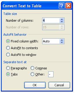 The Convert Text to Table window will open and suggest the number of columns and rows it has detected.