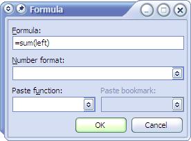 Complete the Formula dialog as shown below. Note that any formula must start with a = sign. 3) Click OK when done and the result will appear.
