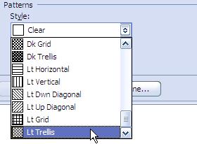 10) Select the Lt Trellis option. 11) Under the Style list, choose a foreground colour from the Color list. 12) If you want you can also select a background colour from the selection of Fill Colours.