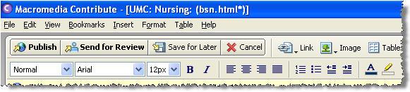Formatting The Formatting toolbar in Contribute is used to change the font, alignment and color of text. It is also used to add bullets to text and adjust the alignment of text.