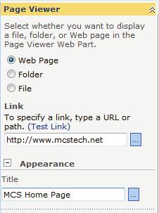 While still in Edit Page mode on your main page, within the Page Viewer web part, click on the Open the tool pane link 2. In the Link field of the tool pane (on the right), type: http://www.mcstech.