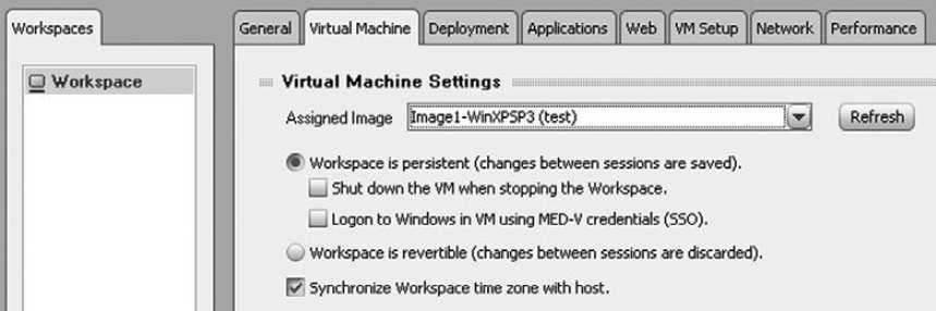 A revertible VM is a MED-V Workspace image that returns to its original state after each session. Leave the Synchronize Workspace Time Zone With Host option at its default setting of being selected.