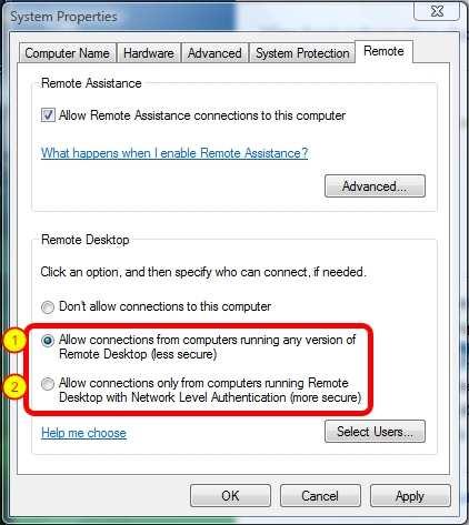 Correct Answer: C /Reference: : 1) All connections from computers running any version of Remote Desktop or 2) Allow connections only from computers running Remote Destop with Network Level