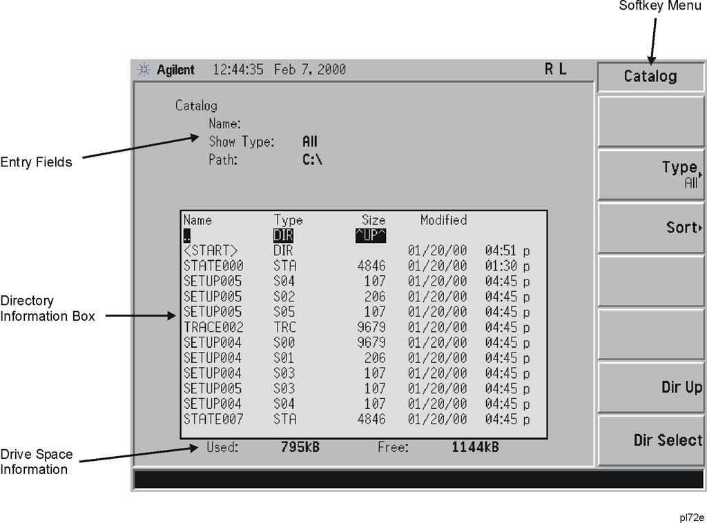 Viewing Catalogs and Saving Files File Menu Functions Figure 4-1. Catalog Menu 1. The entry fields show the parameters for the files viewed.
