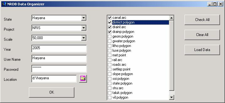 Figure 2. Data organization tool inputs form after clicking OK Simultaneously, a pop up window gives a complete list of the layers available and the fields missing if any are displayed.