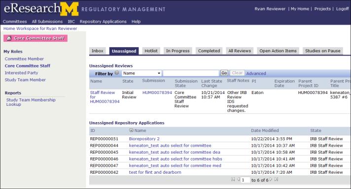 IRB Staff Approve Repository Application Newly submitted Repository applications display on the Unassigned tab of the IRB Staff workspace.