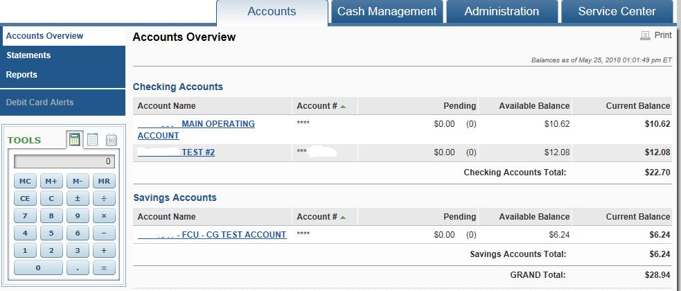 Accounts Tab The Accounts Overview page shows the list of accounts by product type, Checking, Savings, Certificates and Loans.
