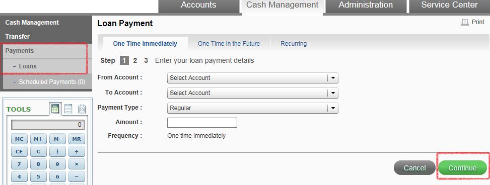 The Cross Transfer transaction works just like the example above where the member will select the From Account and To Account from a drop down list and input the dollar amount of the transfer, select