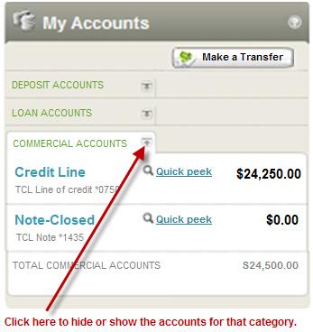 How can I make a one-time transfer using Move Money? In the upper right portion of the My Accounts section you will see the Make a Transfer button. Clicking the button opens themove Money window.