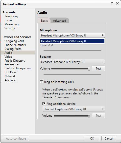 On the General Settings screen, select Audio. On the Basic tab, verify VXi headset is display in the Microphone and Speaker sections, as shown below.