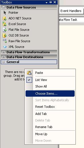 4) Right click in the General tab inside the toolbox and click on Choose Items 5) In the Choose Toolbox Items dialog window, select the SSIS Data Flow