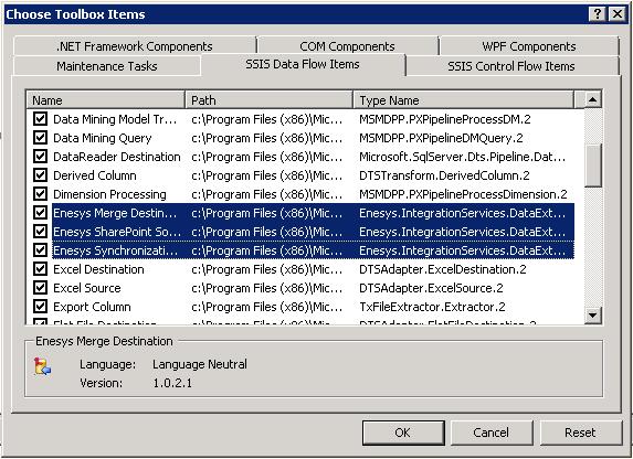 Note: The Enesys Merge Destination component is not available for SQL Server 2005.