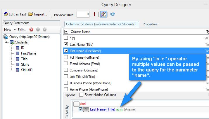 item. Support for multi-value parameters in the query designer Even though Enesys IS Data Extension queries support