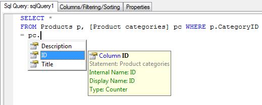pc is recognized as an alias of the Product categories table, its fields are available.