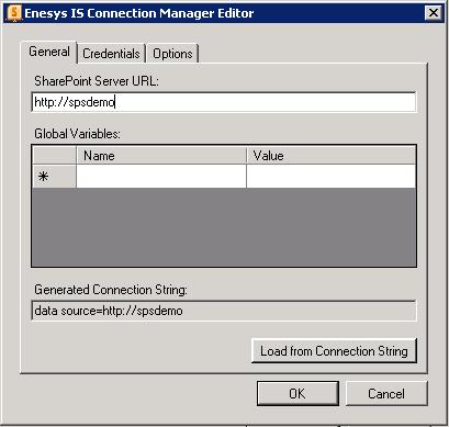 The Enesys IS Connection Manager Editor allows you to specify the properties of the connection (Connection String and Credentials).