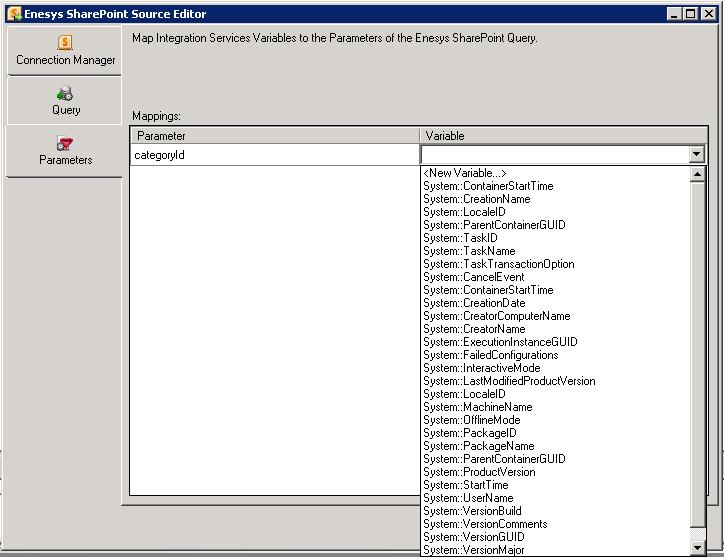 Click on the Parameters tab and for each parameter, select an existing SSIS