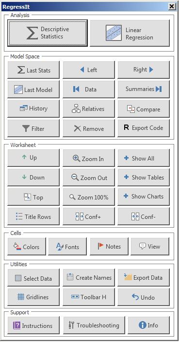 You should now see a RegressIt tab appear on the Excel top menu, with this ribbon: 7. Click the Toolbar V button, which will launch the vertical floating toolbar.