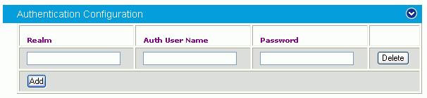 Authentication Configuration You may configure the parameters shown in the graphic and explained below: Realm: Auth User Name: A realm is a protection domain with its own user names and passwords.