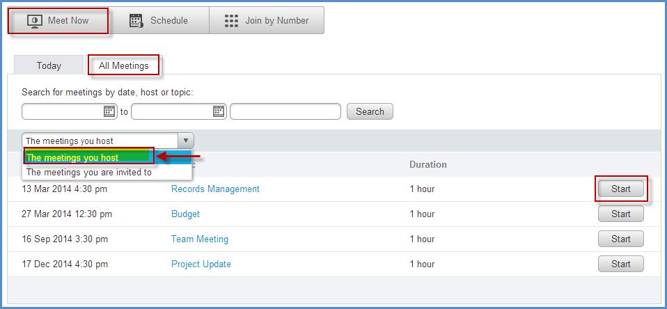 Start a Meeting You can start a WebEx meeting by either clicking on the Start the meeting link in your confirmation email or by logging into WebEx and clicking the Start button alongside the