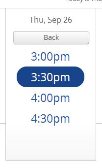 Once you can see the available appointment times click on the one you want to schedule and then click Next.
