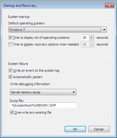 Using Startup and Recovery Dialog Box Provides basic controls that