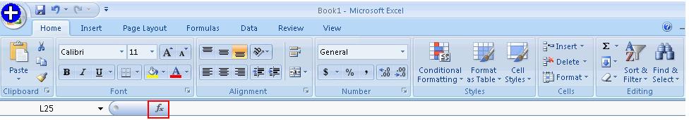 Answer: You will click the "fx" symbol at the left end of the formula bar to