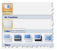 By using Slide Transition, a user will be able to choose the speed and movement to the next slide and the type of sound to play the presentation. Slide Transition (such as wedge, newsflash, etc.