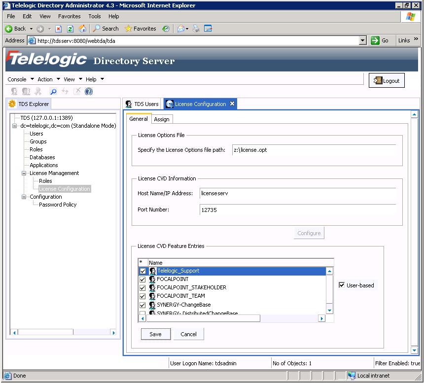 Chapter 3: Telelogic Directory Server Administration (TDA) Select the feature and then