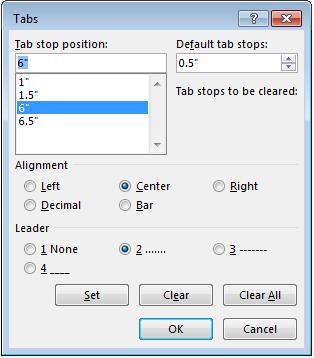 the middle section defines the alignment of the typed text at the tabbed position, and the last section defines the leader to the tab.