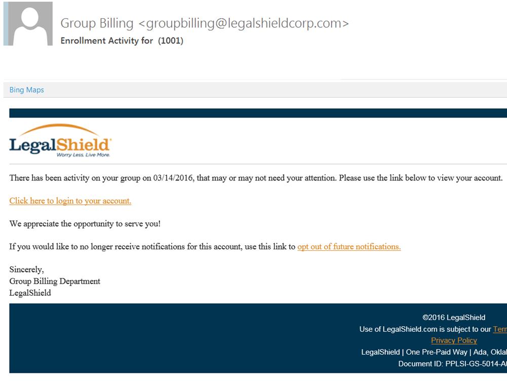 Enrollment Activity Email Sample Click to view My Group Account