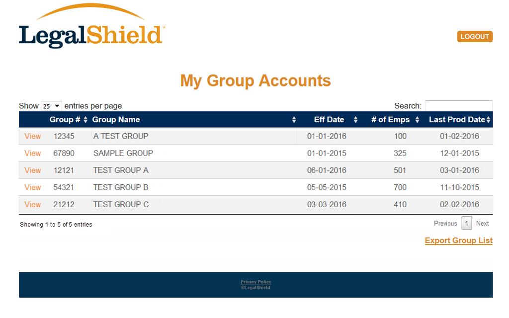 Multi-User Group List 1. Click view to be taken to the selected group s account information page. 2.