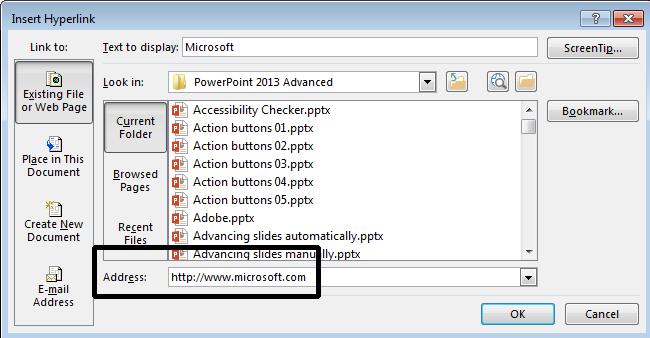 PowerPoint 2013 Advanced Page 155 Click on the OK button and the word Microsoft will now be a hyperlink. The hyperlink is normally displayed in a different color and is underlined.