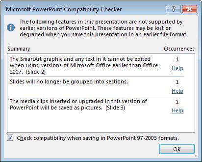 PowerPoint 2013 Advanced Page 204 If any issues are found a dialog box will be displayed.