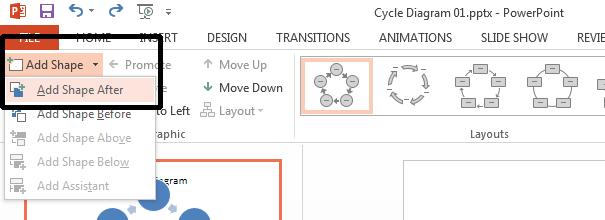 PowerPoint 2013 Advanced Page 37 To add a new shape to the diagram click on down arrow next to the Add Shape button displayed within the Create Graphic group on the ribbon.