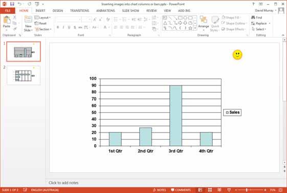 PowerPoint 2013 Advanced Page 62 Using images in chart columns or rows Open a presentation called Inserting images into chart columns or bars.