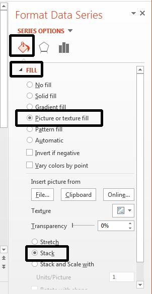 PowerPoint 2013 Advanced Page 64 Click on the Fill & Line button. Click on the Fill button. Click on the Stack button and your chart will now look like this.